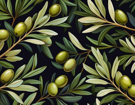 lush olives branch pattern dark background textile design