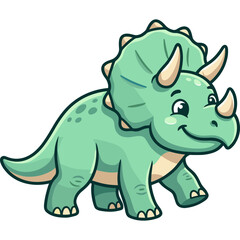 Fototapeta premium A cartoon triceratops dinosaur with a smiling face and tan horns stands.
