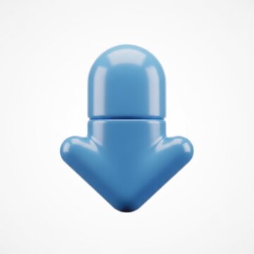 Glossy blue down arrow icon, 3D plastic directional symbol, shiny rounded pointer for navigation and interface design isolated on White Background Icon