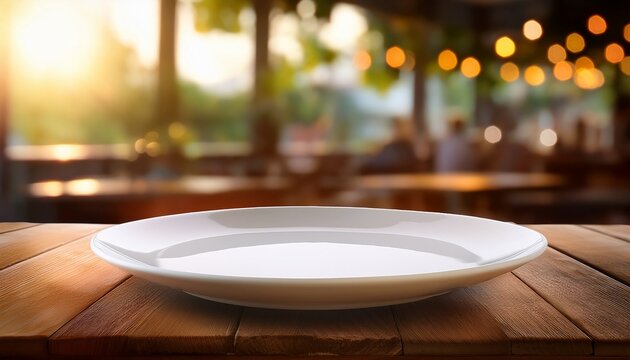 empty white plate on rustic table with blurred cafe background and morning sunlight