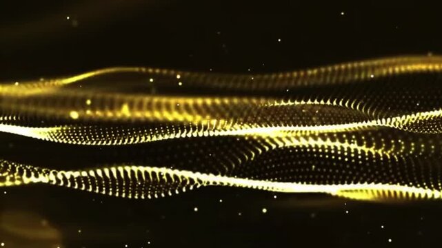 Glowing gold particles and gold particles wave animation background video. Abstract movement background, shining lights, energy waves and sparkling particles, capable of rotating.