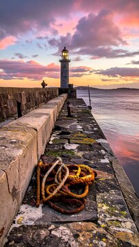 Lighthouse with pier at sunset.