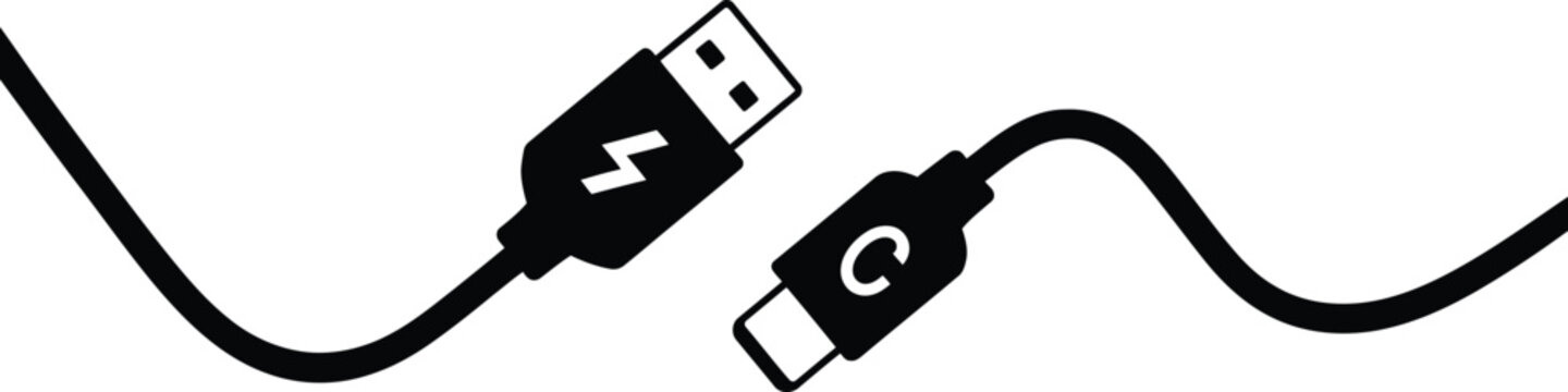 Electrical charging cables usb and type c connector icons in black silhouette for digital connection.