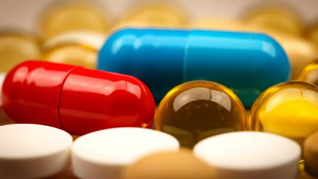Various colorful pharmaceutical pills and capsules are arranged on a surface
