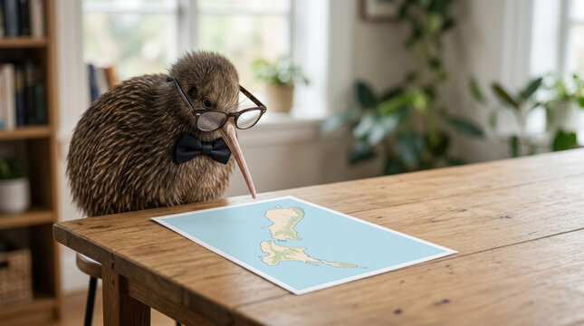 Cute kiwi bird wearing glasses and bow tie studying map, New Zealand travel and education concept.