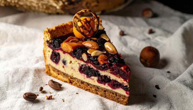 Decadent Slice of Fruit and Nut Cake Richly Detailed with Dried Berries and Almonds