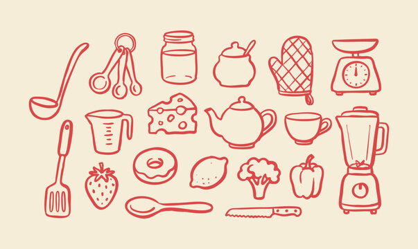 Minimalist cooking and baking, kitchen utensils hand drawn illustration set with blender, teapot, measuring spoons, cup, oven mitt and ladle vector illustration