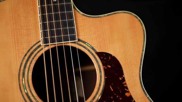 Closeup of a light brown acoustic guitar on a black background