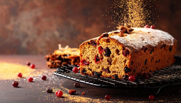 Decadent Spiced Fruitcake Loaf Studded with Plump Raisins and Currants Dusted with Cinnamon