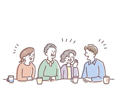 笑顔で会話をする高齢夫婦と家族、介護や老後相談のイメージイラスト