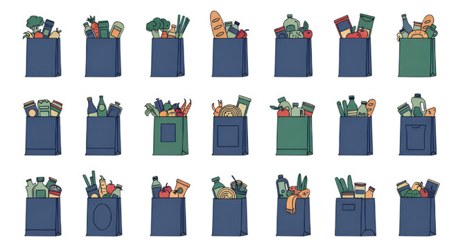 A diverse collection of colorful grocery bags overflowing with fresh produce and baked goods