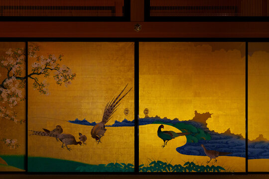 Close up of traditional Japanese fusuma sliding doors adorned with gold leaf and painted pheasants