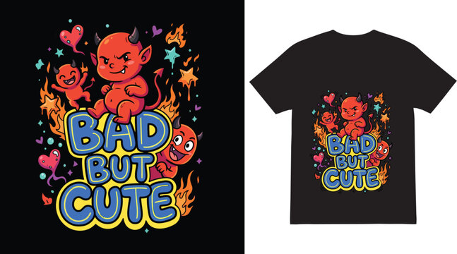 T-shirt design showcases playful red devils surrounded by fire and hearts with the bold text bad but cute.