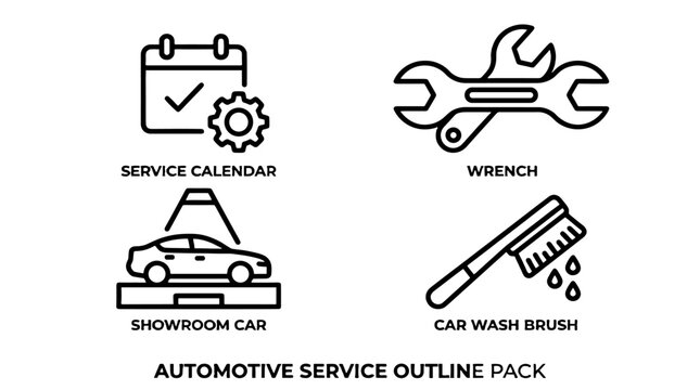 Automotive service outline icon set with car maintenance symbols