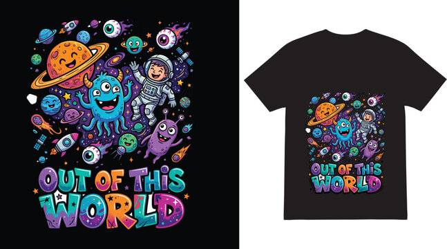 Astronaut and space monster cartoon characters float in a vibrant galaxy design printed on a black t-shirt mockup.