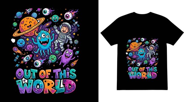 Space explorer and extraterrestrial creature float among colorful planets in this illustrative design displayed on a black t-shirt mockup.