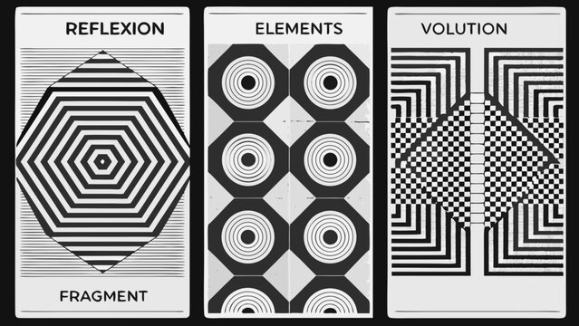 Geometric patterns with concentric circles and linear arrangements black and white vector illustration