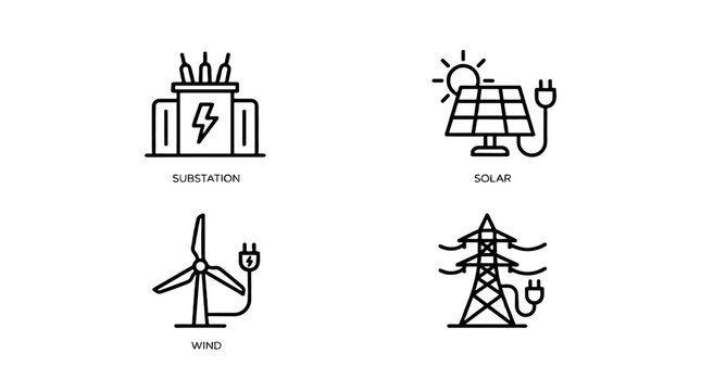 Minimal energy system pictogram set with power and charging icons