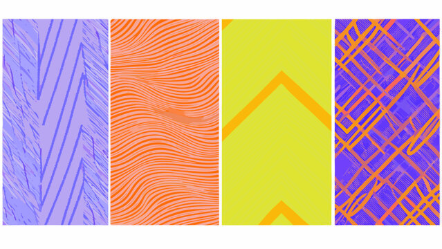 Four rectangular panels displaying abstract linear patterns on a white background