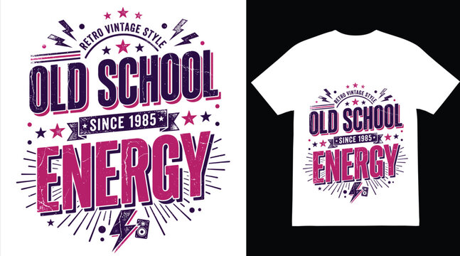 T-shirt template showcases an old school energy graphic with lightning bolts and retro typography.