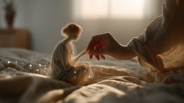 Surreal Conceptual Composite of Giant Hand Protecting Tiny Miniature Woman Surrounded by Magic Sparks