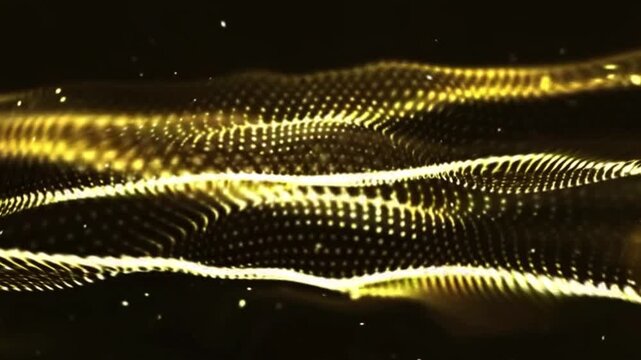 Glowing gold particles and gold particles wave animation background video. Abstract movement background, shining lights, energy waves and sparkling particles, capable of rotating.