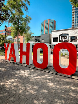 Calgary, Alberta - July 1, 2025: Large red &ldquo;YAHOO&rdquo; installation displayed along 17th Avenue SW during Calgary Stampede festivities in Calgary, Alberta, Canada.

