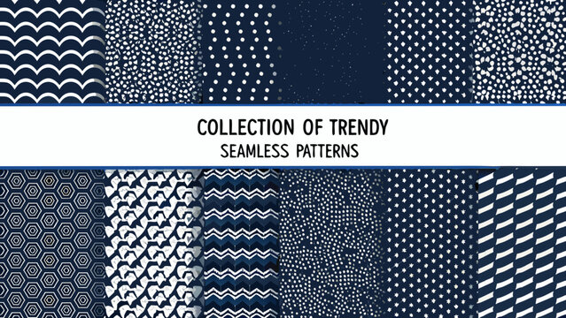 Collection of fourteen seamless geometric patterns in shades of navy and white