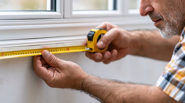 Skilled construction worker measuring a window frame with a yellow tape measure