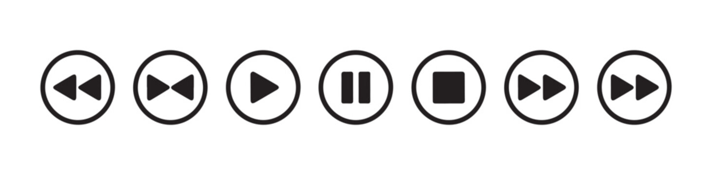 Circular media player button icons for video playback control including play pause stop fast forward and rewind.