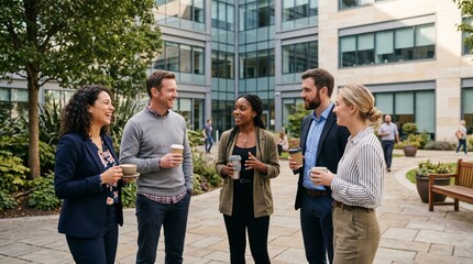 Fototapeta premium Diverse group of colleagues enjoying coffee break outside modern office building discussing business ideas and smiling