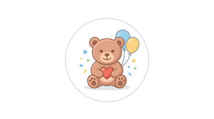 Fototapeta premium Cute Teddy Bear Holding Heart with Balloons, Birthday Celebration Graphic
