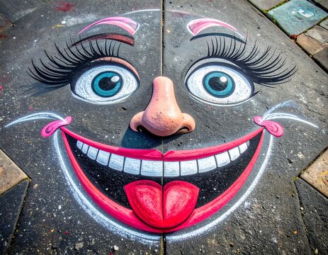 A colorful street art drawing of a smiling face with exaggerated features on pavement
