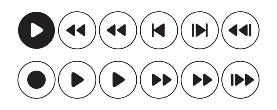 Set of media player control icons including buttons for play pause record and skip in circle frames.