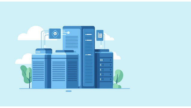 Blue Flat Illustration of Data Center Servers and Cloud Computing Infrastructure for Network Hosting and Information Storage Services