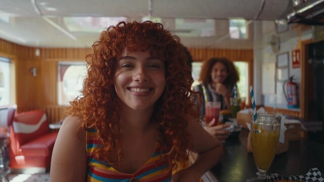 Multiethnic group of friends having meal at 80s vintage diner restaurant, woman biting cheeseburger - Multiracial young people bonding and having fun, eating in an american fast food burger house