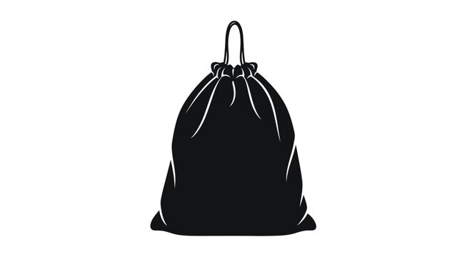 Black drawstring bag isolated on white background, simple silhouette icon for storage and travel