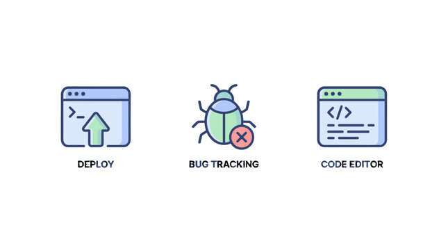 Web development icon set with deploy, bug tracking, and code editor