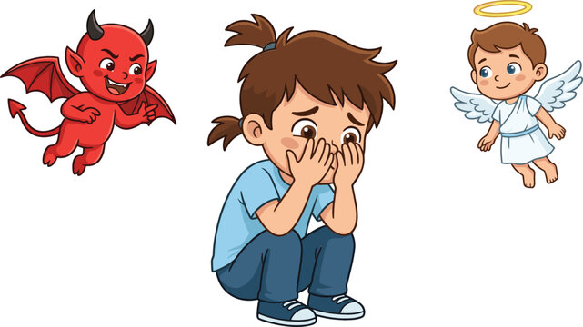 Cartoon Kid Confused by Angel and Devil Vector Illustration Showing Sad Child Facing Moral Dilemma and Conscience Decision Between Good and Evil