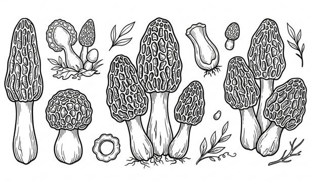 Hand drawn morel mushroom outline collection with botanical food vector illustrations