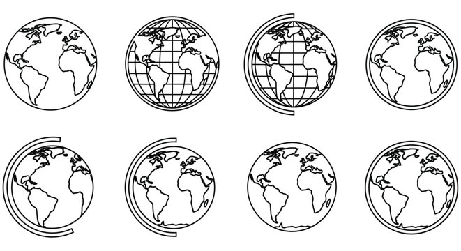 Line art globes with meridians and parallels a repeating pattern on white background