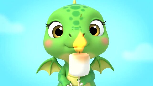 Cute Green Dragon Roasting Marshmallow with Fire Breath on a Blue Sky Background.