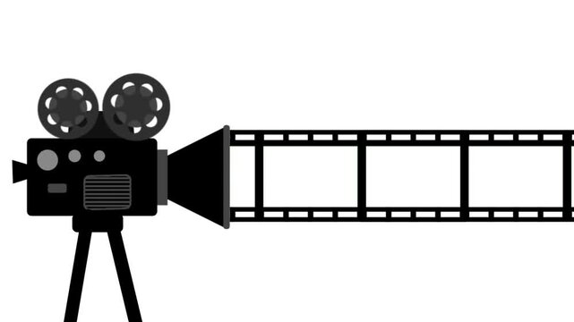 Animation vintage movie projector projecting a spinning film strip horizontally across a clean white background.