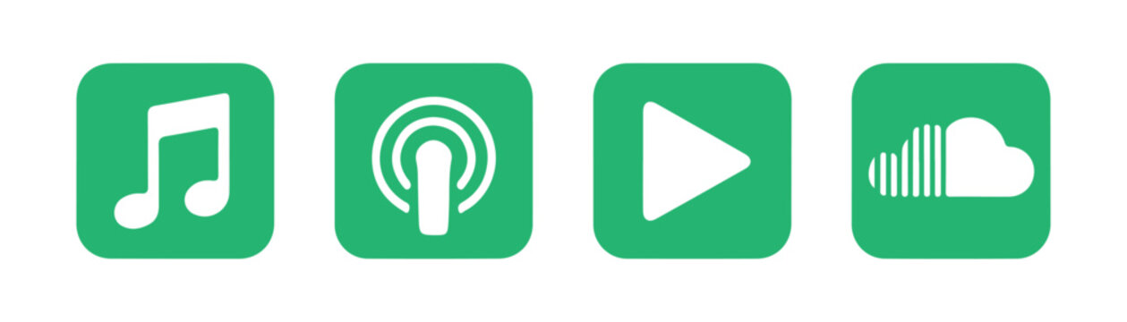 Music app icons set with green background flat vector illustration for mobile software interface design.