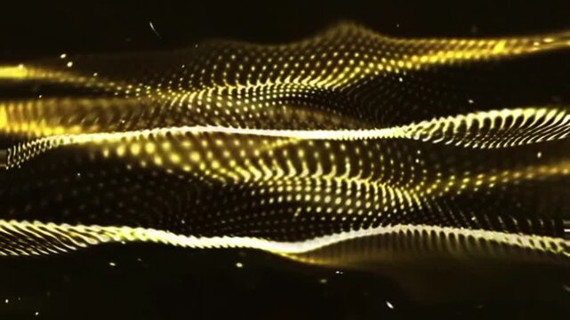Glowing gold particles and gold particles wave animation background video. Abstract movement background, shining lights, energy waves and sparkling particles, capable of rotating.