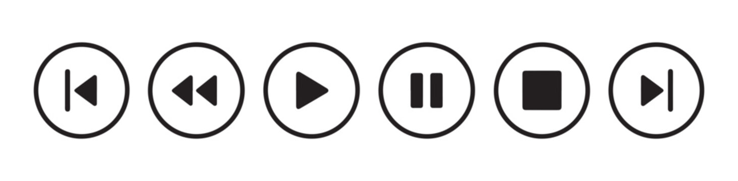 Black media player navigation buttons collection for software interface isolated on grey background.