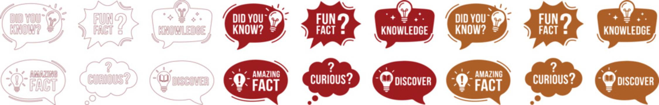 Fun fact speech bubbles collection, 18 educational trivia labels with light bulb icons, red and brown knowledge badges for social media isolated on White Background