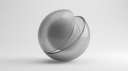 Minimalist translucent gray sphere with reflective sliced surface on white background