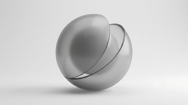 Minimalist translucent gray sphere with reflective sliced surface on white background
