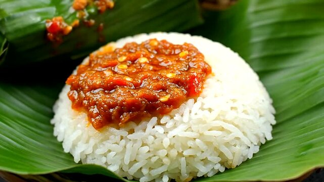 Delicious Nasi Lemak with Sambal Wrapped in Banana Leaf, Traditional Malaysian Cuisine.